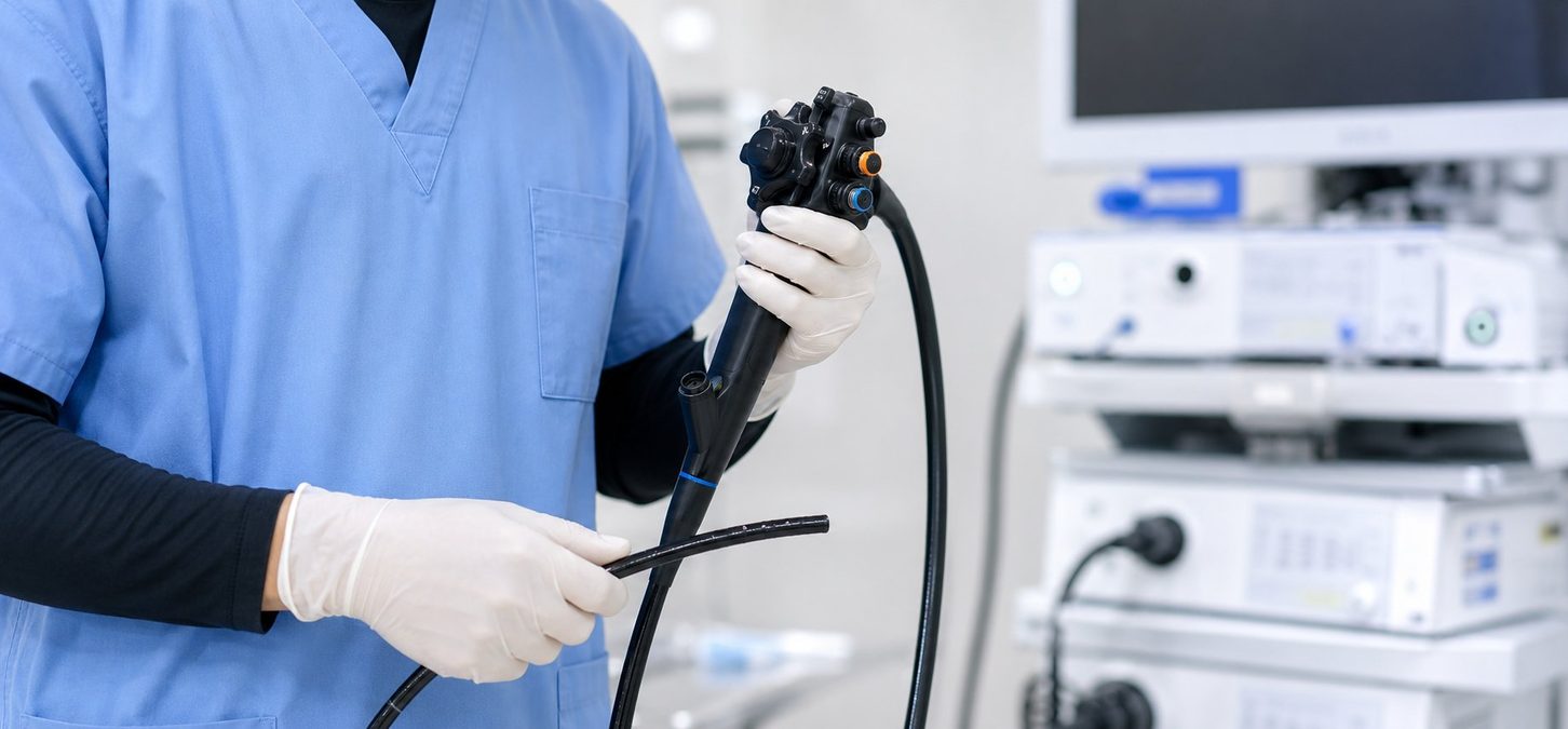 内視鏡のスコープを手にする医療スタッフ